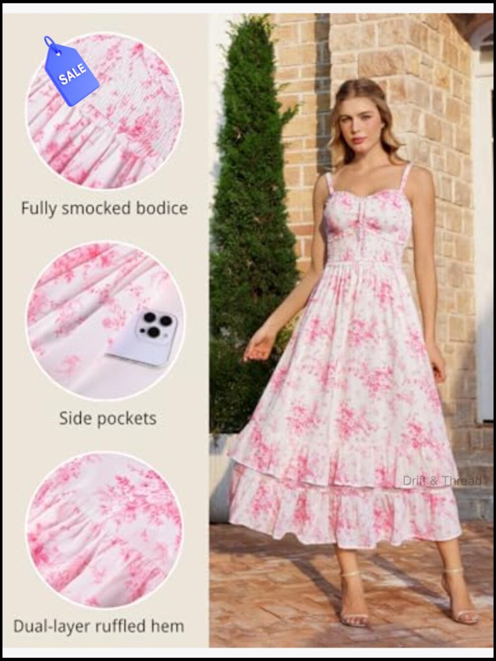 Smocked A-Line Maxi Dress with Pockets Adjustable Straps - Picture 5 of 7